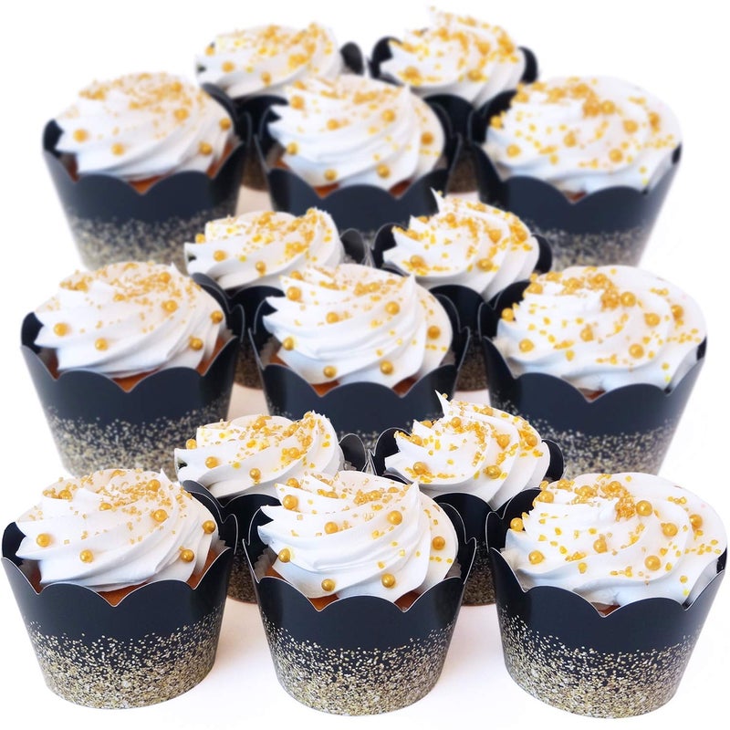Pretty Cute Studios Black/Gold Graduation, Retirement Cupcake Wrappers, 50 Count, Adjustable Size, Faux Gold Glitter Design, Disposable Cupcake Wrappers - Image 5